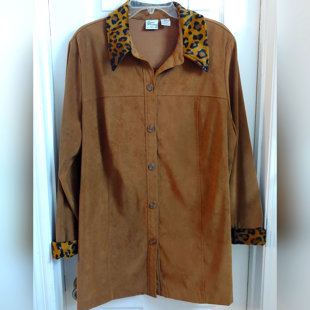 Chocolate Brown Button Down Shirt, Shacket, with Faux Leopard Print Fur Trim 18W
